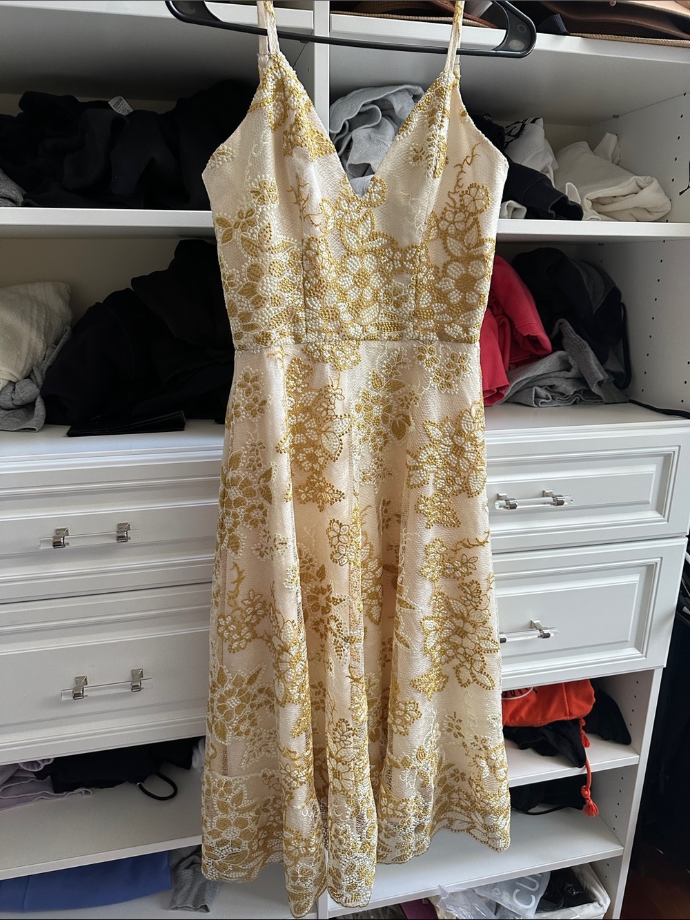 Dress the Population Elaina Elegant Cream and Gold Floral A-Line Dress XS